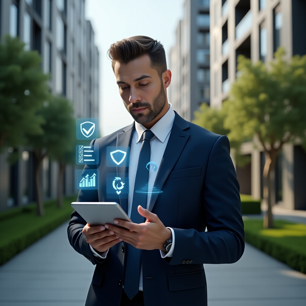 (Ultra-realistic professional property manager in a tailored navy suit, set in a modern luxury condominium environment with high-rise buildings and lush green landscaping, holding a digital tablet displaying holographic **checklist**, **charts** and **shield** icons, analyzing data with a confident, focused expression, cinematic lighting, shallow depth of field, highly detailed textures, realistic skin, photographic realism, 8k resolution --ar 1:1 --v 6)
