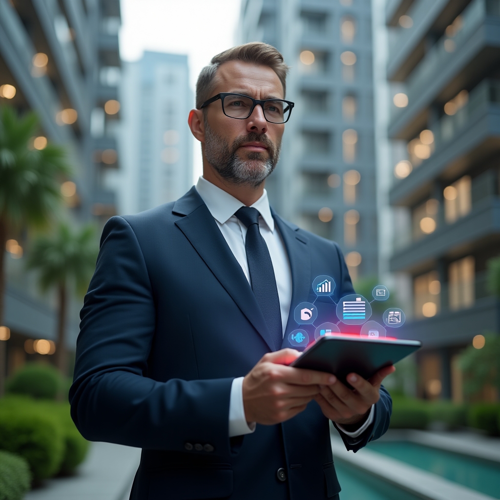 Ultra-realistic condominium manager in a navy suit, set in a modern luxury condominium environment with high-rise buildings and green landscaping, standing confidently in a medium shot while holding a digital tablet displaying red-highlighted errors and holographic icons of checklists and charts around, focused expression, cinematic lighting, shallow depth of field, highly detailed textures, realistic skin, photographic realism, 8k resolution --ar 1:1 --v 6