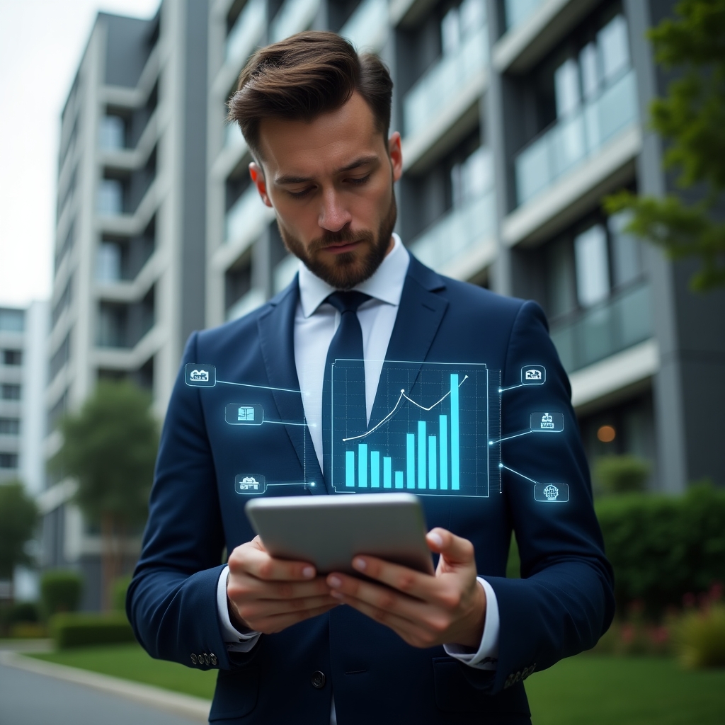 Ultra-realistic condominium manager in a navy executive suit, set in a modern luxury condominium environment with high-rise buildings and meticulously landscaped gardens, analyzing holographic financial charts projected from a sleek tablet, thoughtful expression as they review transparent accounting data, subtle icons of receipts and ledgers floating around, cinematic lighting, shallow depth of field, highly detailed textures, realistic skin, photographic realism, 8k resolution --ar 1:1 --v 6