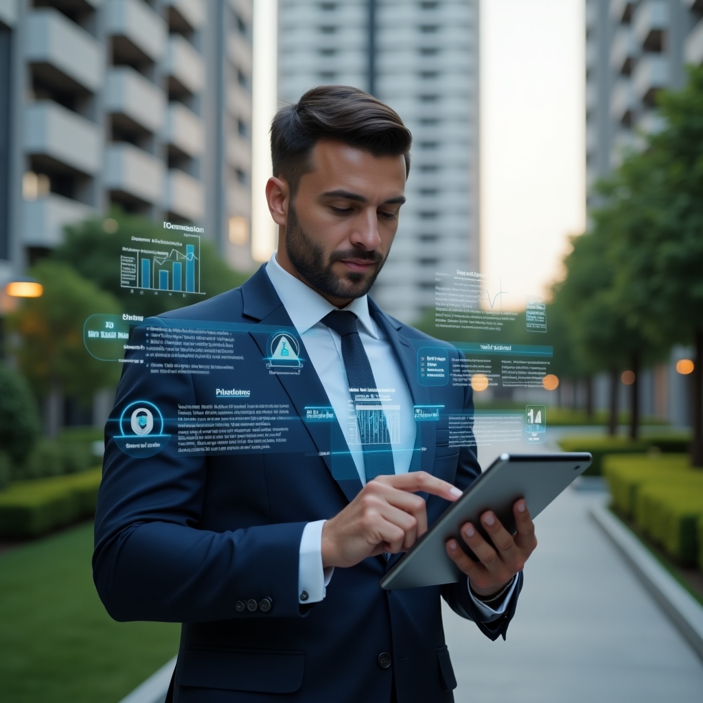 (Ultra-realistic condominium manager in a tailored navy suit, set in a modern luxury condominium environment with high-rise buildings and manicured green landscaping, reviewing holographic financial charts and documents on a tablet, floating ledger icons and balance graphs surrounding him, confident and focused expression, cinematic lighting, shallow depth of field, highly detailed textures, realistic skin, photographic realism, 8k resolution --ar 1:1 --v 6)
