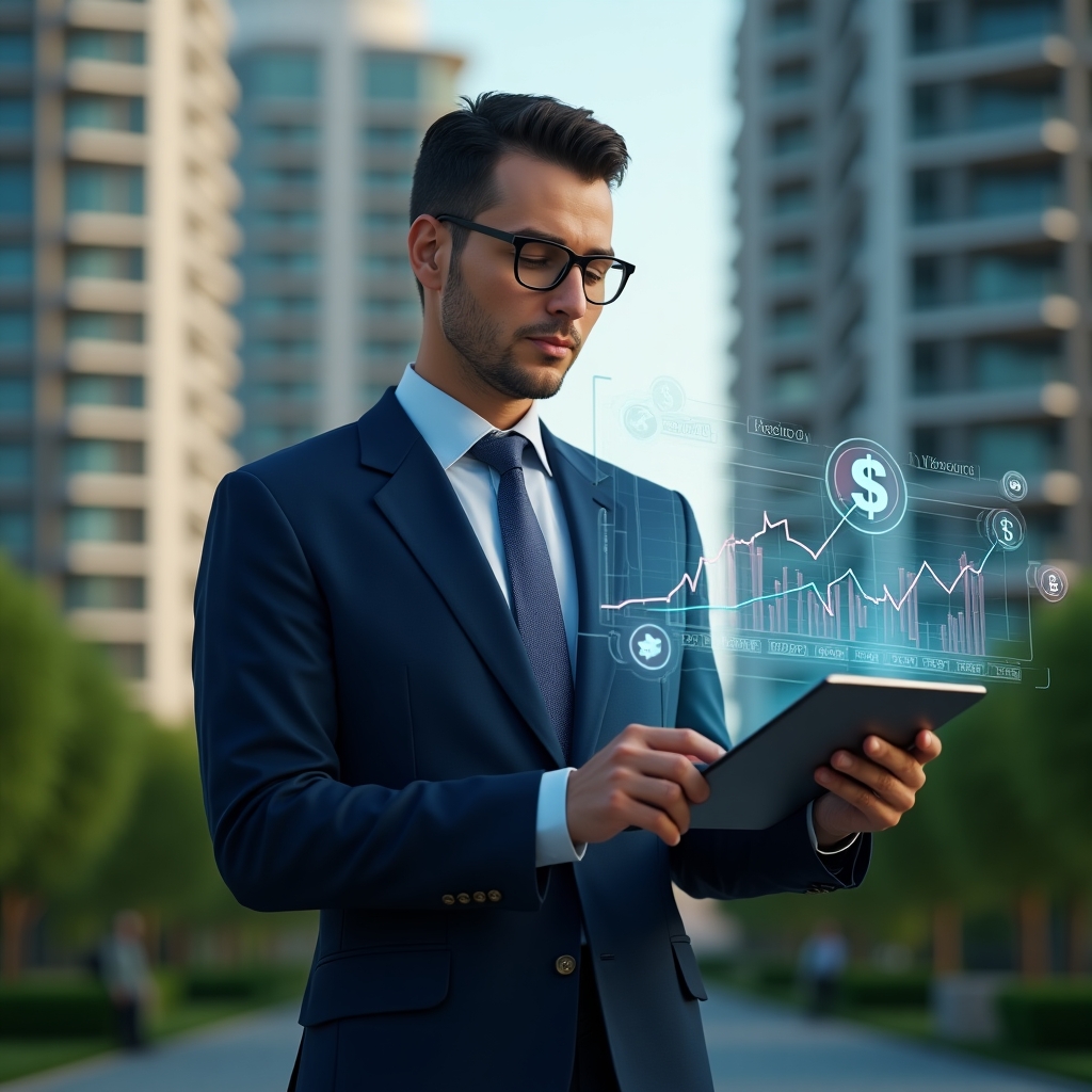 (Ultra-realistic condominium manager in a navy suit, set in a modern luxury condominium environment with high-rise buildings and lush green landscaping, analyzing a holographic financial chart projected from a tablet, floating icons of coins, graphs and a reserve fund symbol around them, confident and focused expression, cinematic lighting, shallow depth of field, highly detailed textures, realistic skin, photographic realism, 8k resolution --ar 1:1 --v 6)