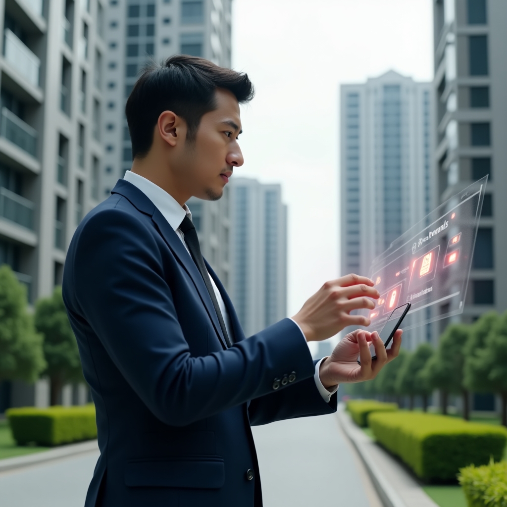 (Ultra-realistic condominium manager in a navy slim-fit suit, set in a modern luxury condominium environment with high-rise buildings and manicured green landscaping, analyzing a floating holographic interface showing app icons and red error notifications, confident and focused expression, cinematic lighting, shallow depth of field, highly detailed textures, realistic skin, photographic realism, 8k resolution --ar 1:1 --v 6)