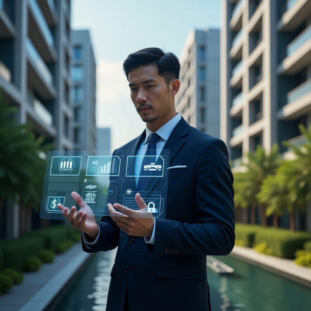 Ultra-realistic condominium manager in a tailored navy suit, set in a modern luxury condominium environment with high-rise buildings and meticulously landscaped gardens, reviewing a holographic dashboard displaying icons for communication, finance, and security, confident and focused expression, cinematic lighting, shallow depth of field, highly detailed textures, realistic skin, photographic realism, 8k resolution --ar 1:1 --v 6