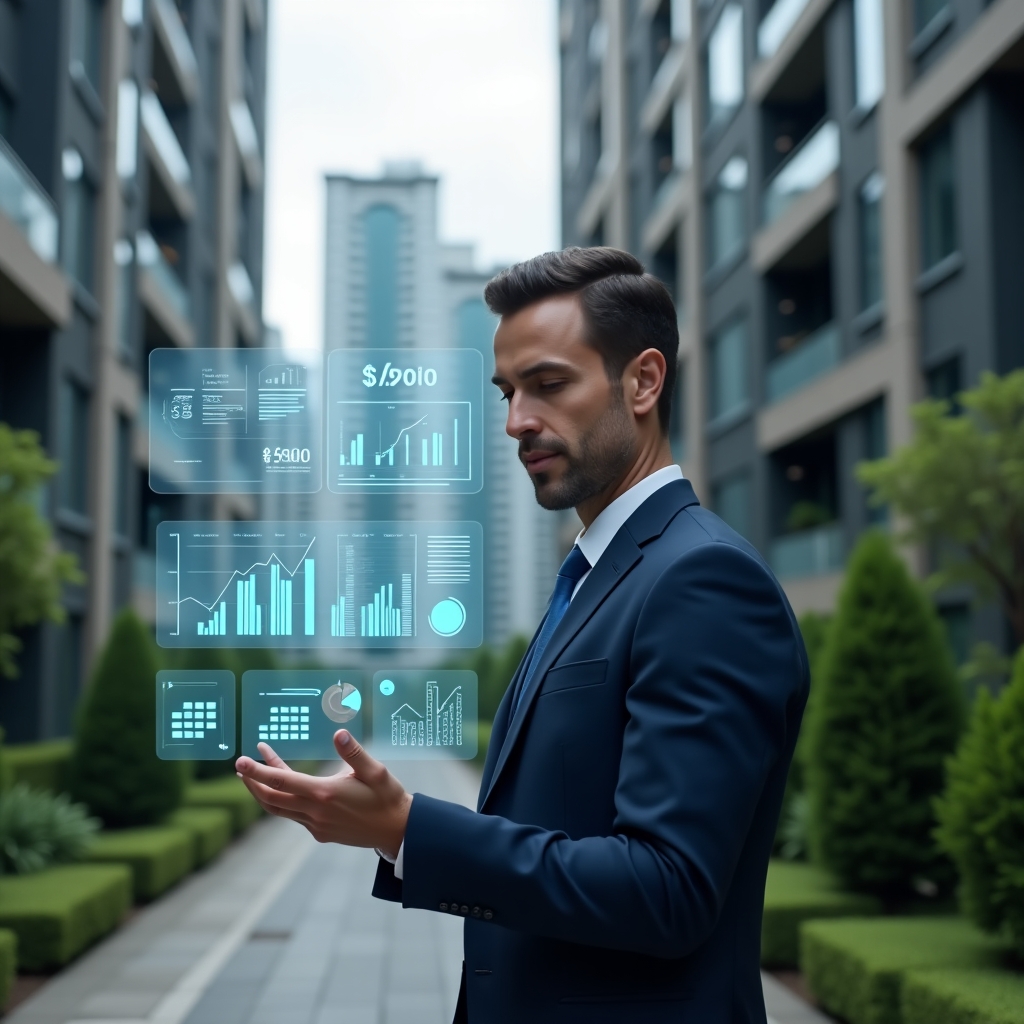 (Ultra-realistic condominium manager in a dark blue tailored suit, set in a modern luxury condominium environment with high-rise buildings and lush green landscaping, medium shot with the manager reviewing a transparent holographic financial dashboard displaying charts and balance sheets, expression focused and confident, floating icons of invoices and graphs around them, cinematic lighting, shallow depth of field, highly detailed textures, realistic skin, photographic realism, 8k resolution --ar 1:1 --v 6)