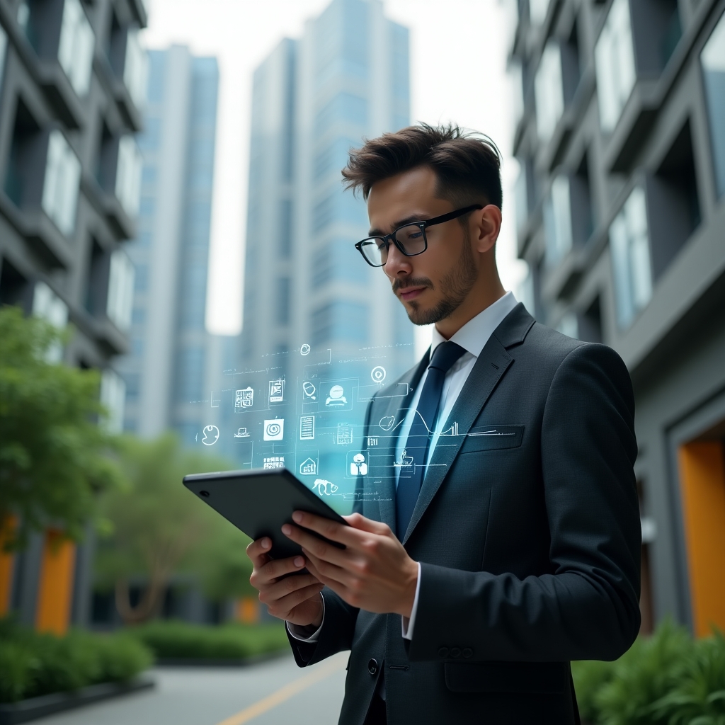 Ultra-realistic condominium manager in a charcoal suit, set in a modern luxury condominium environment with high-rise buildings and lush green landscaping, reviewing a holographic checklist and calendar icons floating before him, with digital financial graphs and maintenance tools symbols around, confident and thoughtful expression, cinematic lighting, shallow depth of field, highly detailed textures, realistic skin, photographic realism, 8k resolution --ar 1:1 --v 6