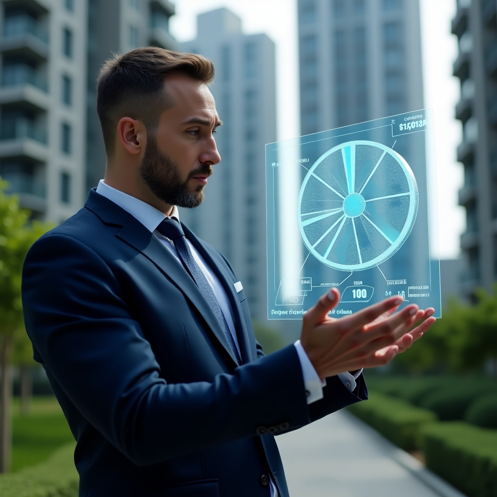 Ultra-realistic condominium manager in a navy blue suit, set in a modern luxury condominium environment with high-rise buildings and manicured green landscaping, analyzing a floating holographic pie chart of unit fractions, displaying percentage divisions and monetary icons, confident and focused expression, cinematic lighting, shallow depth of field, highly detailed textures, realistic skin, photographic realism, 8k resolution --ar 1:1 --v 6