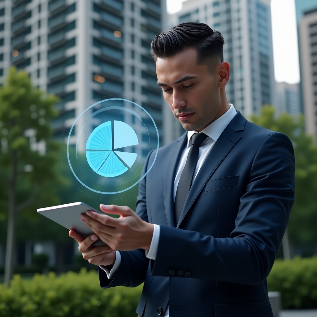 Ultra-realistic condominium manager in a tailored navy suit, set in a modern luxury condominium environment with high-rise buildings and lush green landscaping, analyzing a holographic pie chart of fractional ownership proportions projected above his tablet, confident and focused expression, cinematic lighting, shallow depth of field, highly detailed textures, realistic skin, photographic realism, 8k resolution --ar 1:1 --v 6
