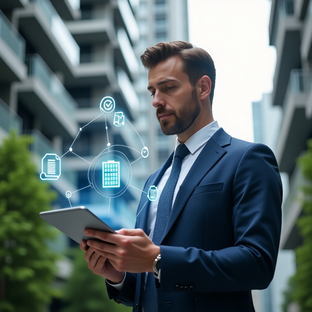 (Ultra-realistic condominium manager in a navy executive suit, set in a modern luxury condominium environment with high-rise buildings and lush green landscaping, holding a tablet and interacting with a holographic condominium management app interface, confident expression, symbols of checklists and building icons floating around, cinematic lighting, shallow depth of field, highly detailed textures, realistic skin, photographic realism, 8k resolution --ar 1:1 --v 6)