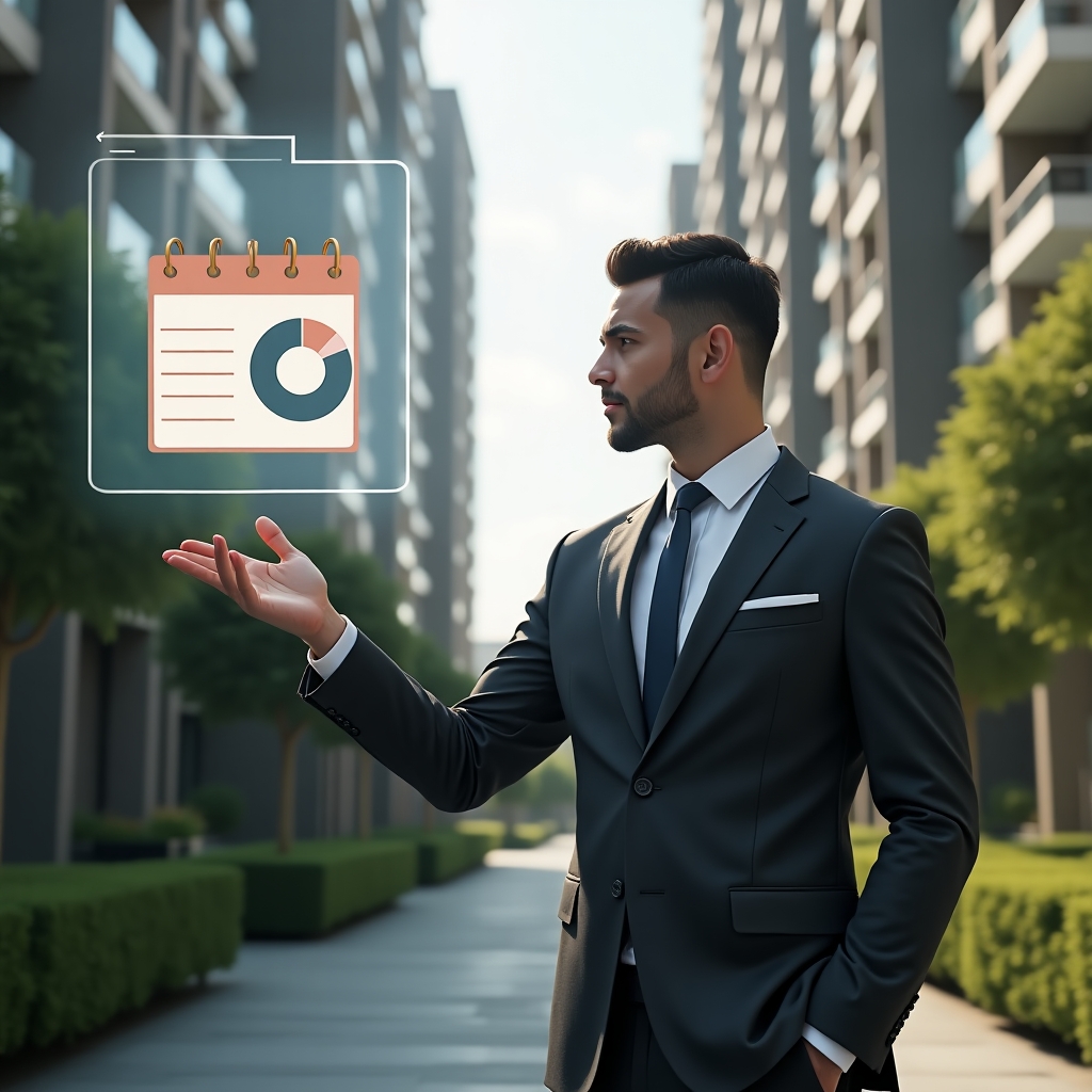 (Ultra-realistic condominium manager in a tailored charcoal suit, set in a modern luxury condominium environment with high-rise buildings and manicured green landscaping, mid-shot of a confident professional gesturing toward a holographic digital schedule calendar and floating pie chart symbolizing fração ideal, cinematic lighting, shallow depth of field, highly detailed textures, realistic skin, photographic realism, 8k resolution --ar 1:1 --v 6)