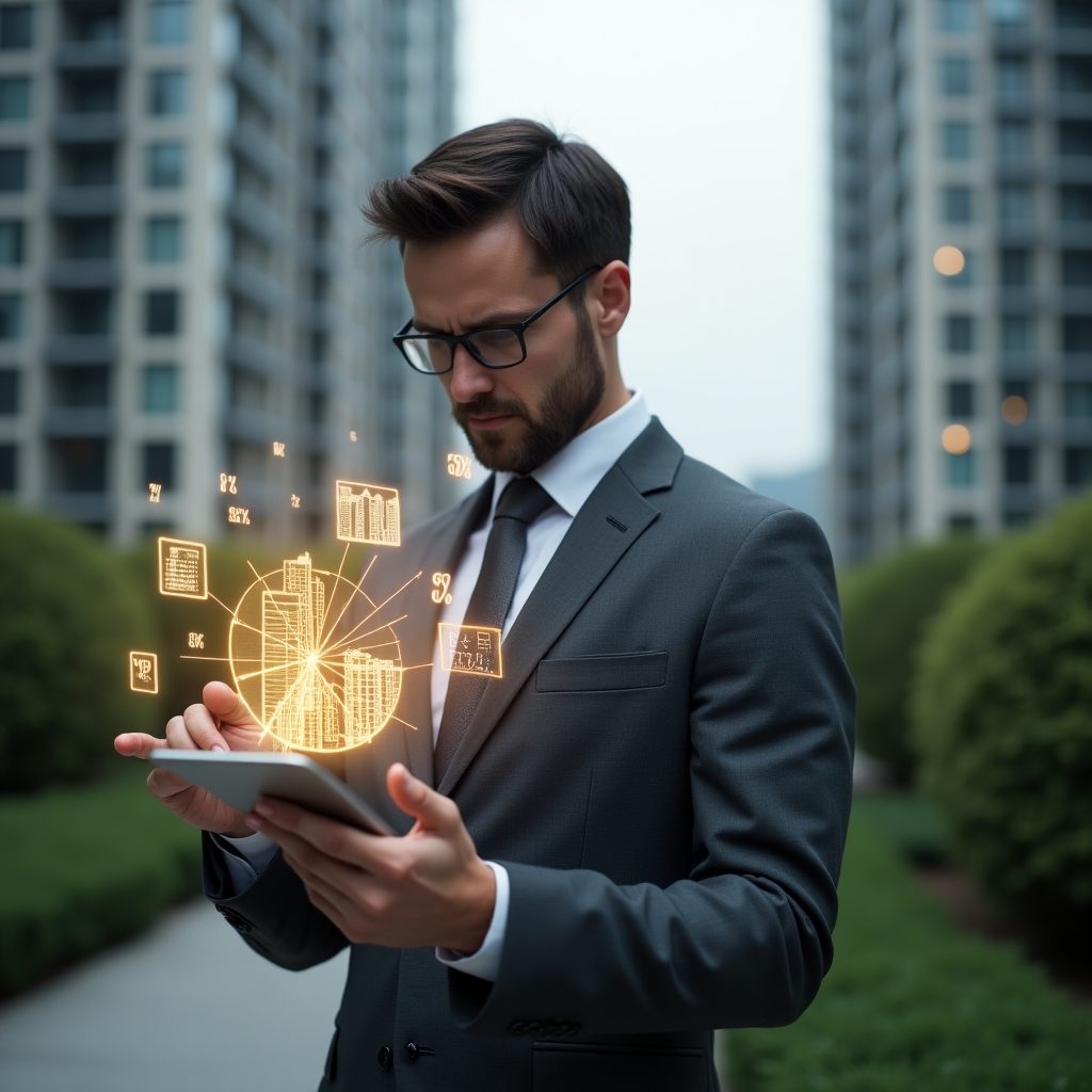 (Ultra-realistic condominium manager in a charcoal gray suit, set in a modern luxury condominium environment with high-rise buildings and meticulously landscaped greenery, analyzing a holographic fractional ownership pie chart with glowing percentages, holographic icons of buildings and currency symbols floating around, confident and thoughtful expression, cinematic lighting, shallow depth of field, highly detailed textures, realistic skin, photographic realism, 8k resolution --ar 1:1 --v 6)