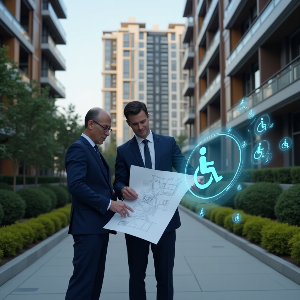 (Ultra-realistic accessibility consultant in a navy blue suit, set in a modern luxury condominium environment with high-rise buildings and manicured green landscaping, examining blueprints of a ramp installation while pointing confidently toward a wheelchair-accessible entrance, holographic accessibility icons floating beside them, cinematic lighting, shallow depth of field, highly detailed textures, realistic skin, photographic realism, 8k resolution --ar 1:1 --v 6)