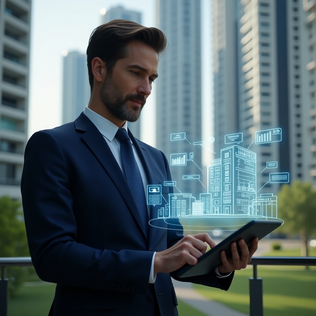 (Ultra-realistic condominium manager in a tailored dark blue suit, set in a modern luxury condominium environment with high-rise buildings and manicured green landscaping, mid-shot of a confident professional analyzing a holographic interface of building charts and notifications above a digital tablet, floating icons of apartments, financial graphs and chat bubbles symbolizing streamlined communication and task management, cinematic lighting, shallow depth of field, highly detailed textures, realistic skin, photographic realism, 8k resolution --ar 1:1 --v 6)