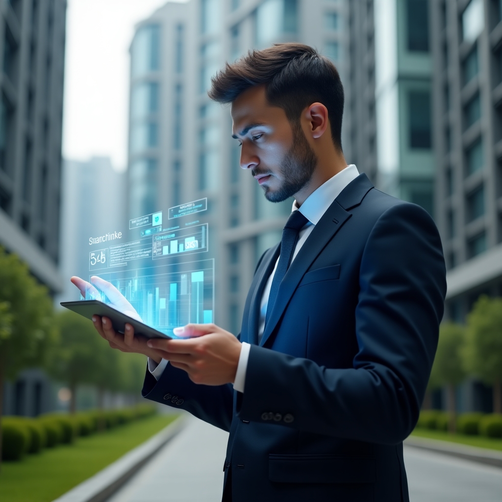(Ultra-realistic condominium manager in a dark blue executive suit, set in a modern luxury condominium environment with high-rise buildings and manicured green landscaping, confidently analyzing a holographic financial report with floating income and expense charts, cinematic lighting, shallow depth of field, highly detailed textures, realistic skin, photographic realism, 8k resolution --ar 1:1 --v 6)