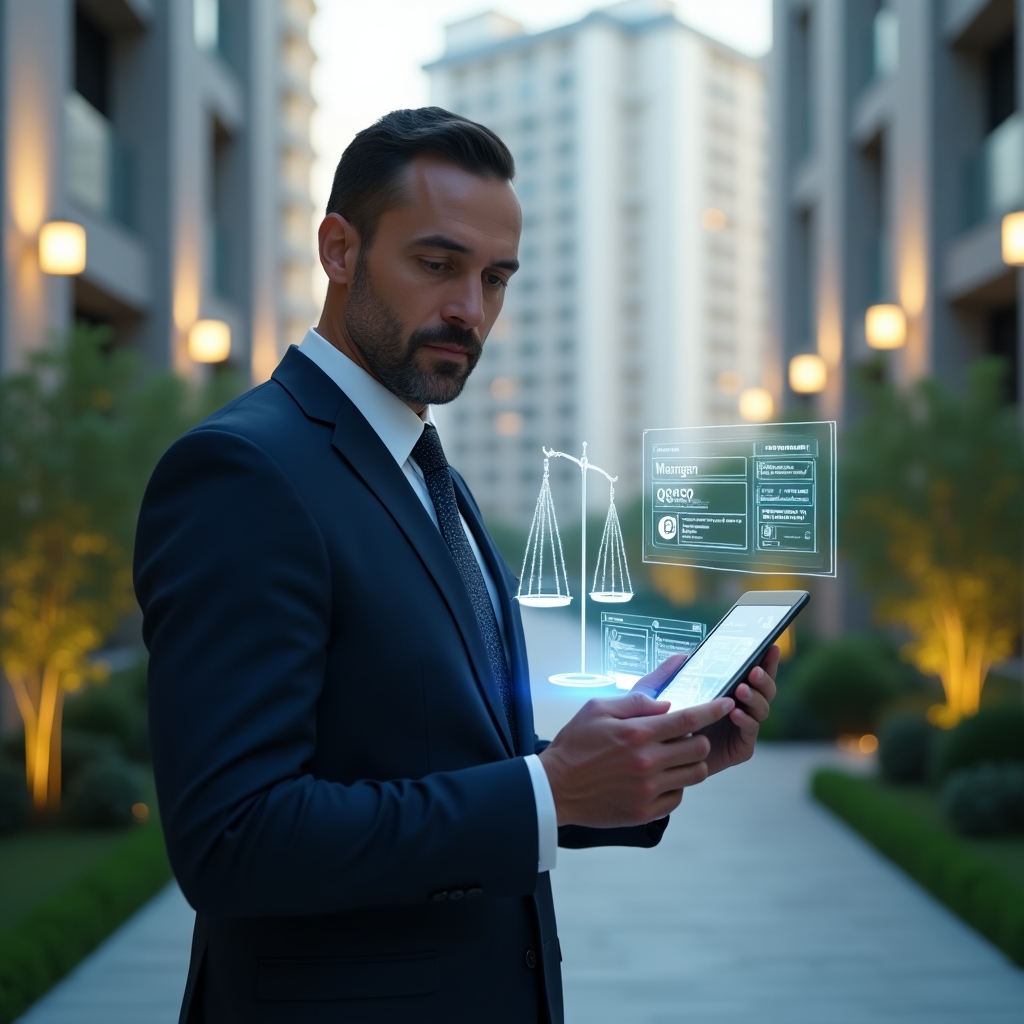 Ultra-realistic condominium manager in a navy suit, set in a modern luxury condominium environment with high-rise buildings and manicured green landscaping, holding a digital tablet displaying a holographic building management dashboard, looking confident and thoughtful, with floating holographic icons of finances and legal scales, cinematic lighting, shallow depth of field, highly detailed textures, realistic skin, photographic realism, 8k resolution --ar 1:1 --v 6