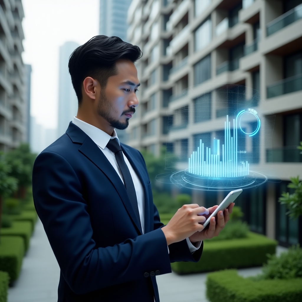 Ultra-realistic condominium manager in a tailored navy suit, set in a modern luxury condominium environment with high-rise buildings and manicured green landscaping, confidently analyzing holographic financial charts projected from a sleek tablet, a semi-transparent 3D pie chart and bar graph floating beside them symbolizing clear and precise reporting, cinematic lighting, shallow depth of field, highly detailed textures, realistic skin, photographic realism, 8k resolution --ar 1:1 --v 6