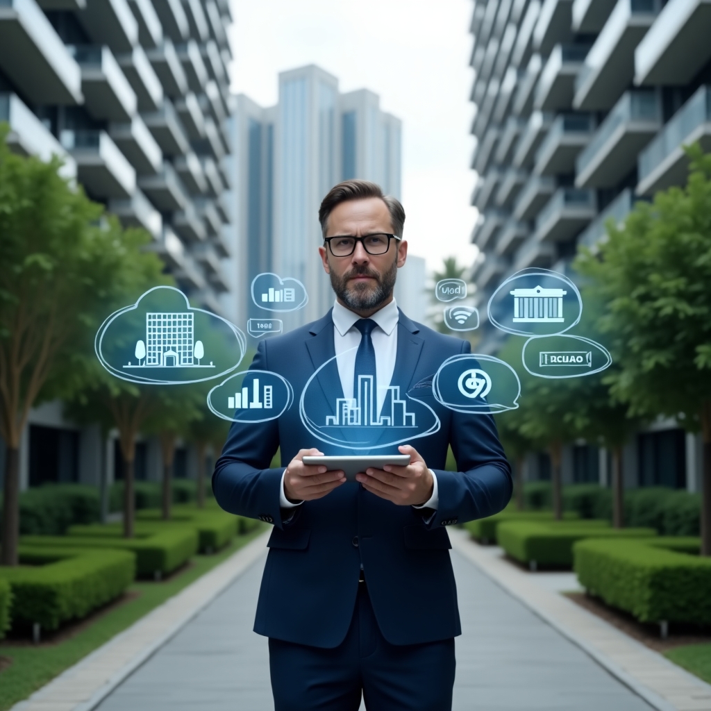 Ultra-realistic condominium manager in a navy blue suit, set in a modern luxury condominium environment with high-rise buildings and meticulously manicured green landscaping, standing mid-shot holding a digital tablet displaying a management app interface, surrounded by holographic icons of buildings, charts, and communication bubbles, confident and focused expression, cinematic lighting, shallow depth of field, highly detailed textures, realistic skin, photographic realism, 8k resolution --ar 1:1 --v 6