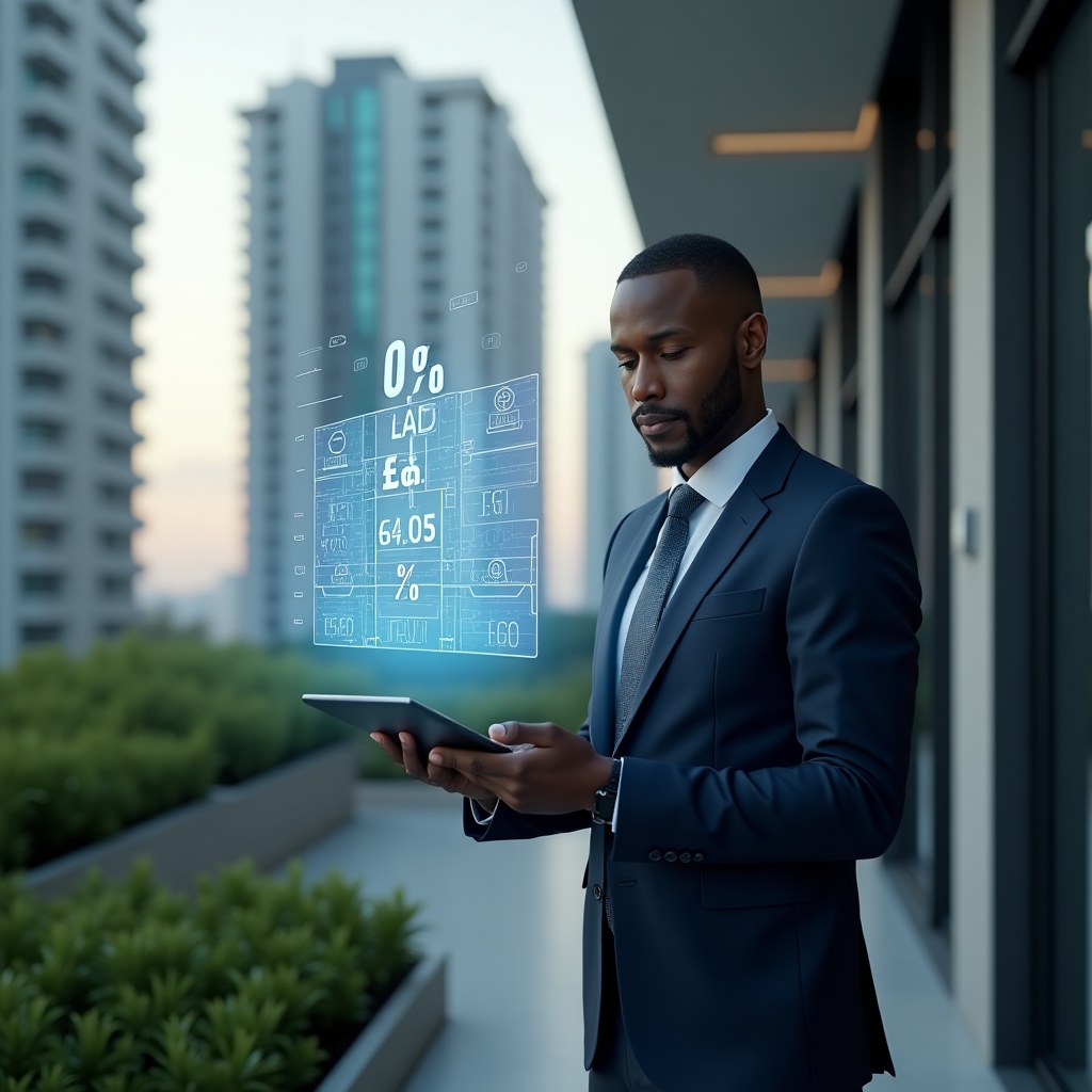 Ultra-realistic condominium manager in a navy business suit, set in a modern luxury condominium environment with high-rise buildings and green landscaping, medium shot of a confident professional examining a holographic 3D chart of fractional percentages and floor plans floating in front, with glowing percentage symbols and currency icons, cinematic lighting, shallow depth of field, highly detailed textures, realistic skin, photographic realism, 8k resolution --ar 1:1 --v 6