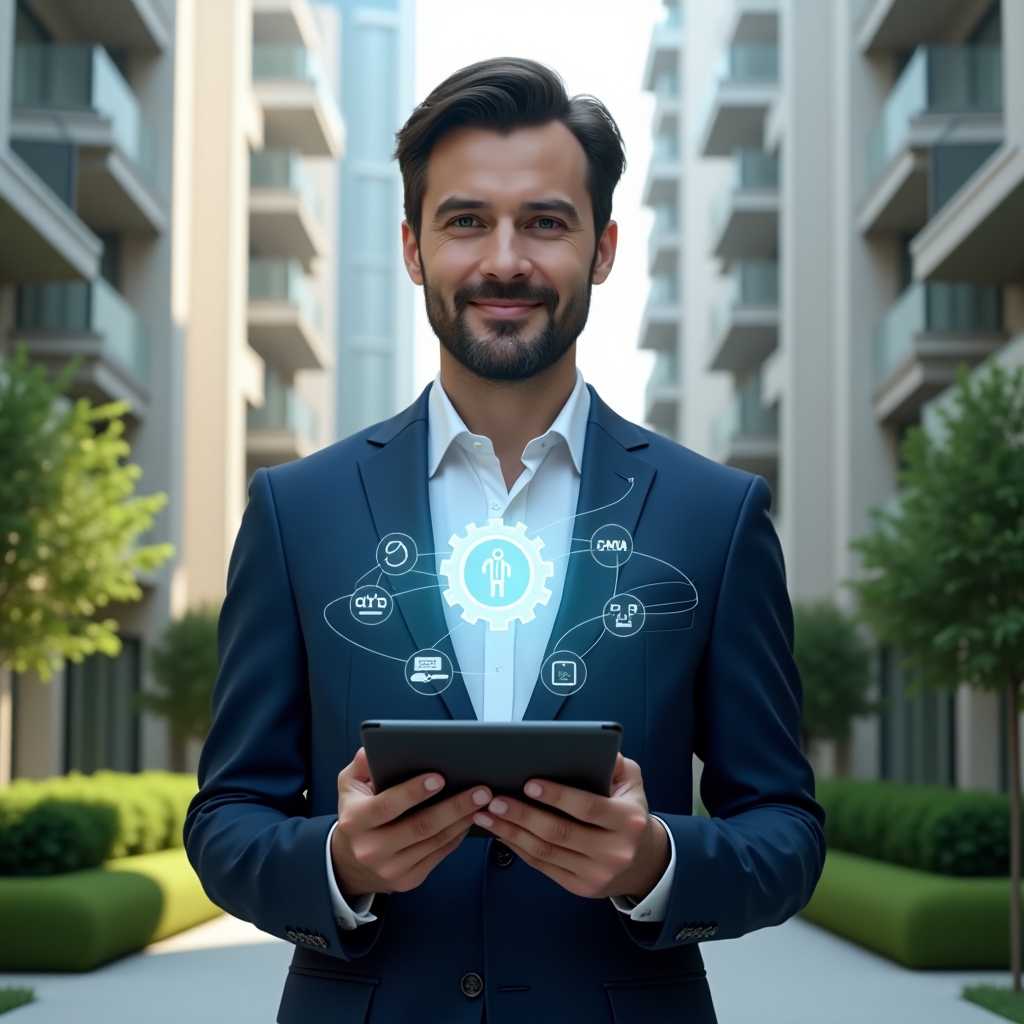 Ultra-realistic condominium manager in a tailored navy-blue suit and crisp white shirt, set in a modern luxury condominium environment with high-rise buildings and manicured green landscaping, mid-shot holding a tablet displaying a holographic **condominium management app** interface with floating icons of charts, checklists and gears, confident and focused expression, cinematic lighting, shallow depth of field, highly detailed textures, realistic skin, photographic realism, 8k resolution --ar 1:1 --v 6
