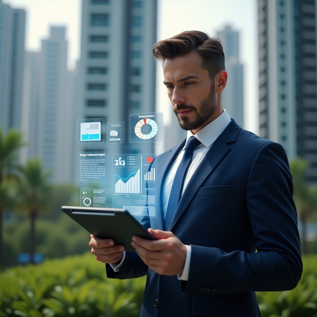 Ultra-realistic condominium manager in a navy tailored suit, set in a modern luxury condominium environment with high-rise buildings and lush green landscaping, holding a tablet displaying holographic financial charts and digital receipts, confidently reviewing expense reports, floating icons of pie charts and invoices around them, cinematic lighting, shallow depth of field, highly detailed textures, realistic skin, photographic realism, 8k resolution --ar 1:1 --v 6