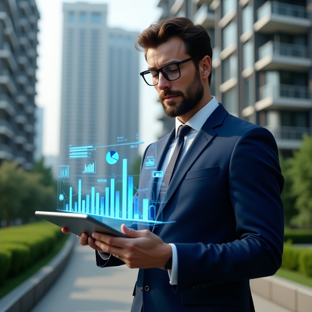 Ultra-realistic condominium manager in a navy blue suit, set in a modern luxury condominium environment with high-rise buildings and manicured green landscaping, holding a digital tablet displaying holographic financial charts and indicators while analyzing data with a focused, confident expression, floating 3D bar graphs and pie charts around, cinematic lighting, shallow depth of field, highly detailed textures, realistic skin, photographic realism, 8k resolution --ar 1:1 --v 6