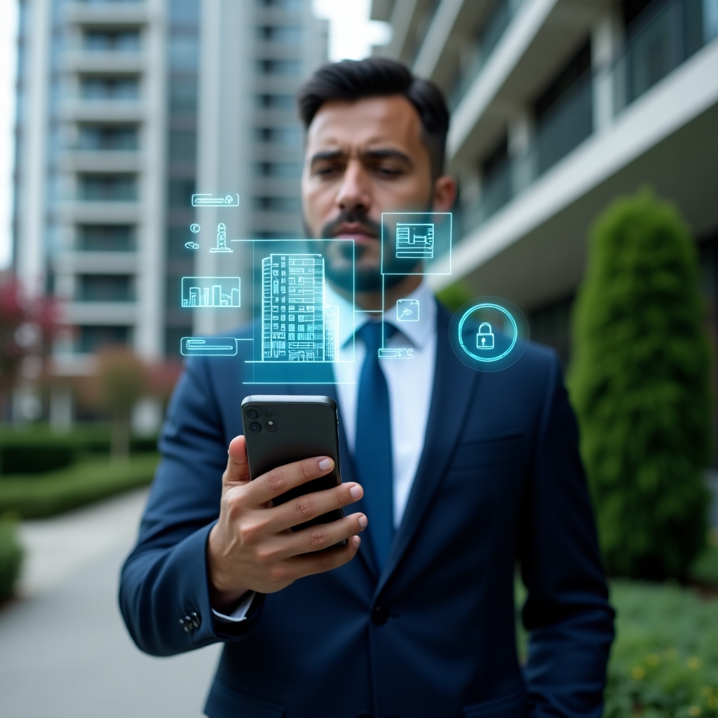 Ultra-realistic condominium manager in a navy tailored suit, set in a modern luxury condominium environment with high-rise buildings and meticulously landscaped greenery, holding a smartphone at eye level displaying holographic financial charts and instant message notifications, projecting icons of a building, chat bubbles, and a lock symbol for transparency, cinematic lighting, shallow depth of field, highly detailed textures, realistic skin, photographic realism, 8k resolution --ar 1:1 --v 6