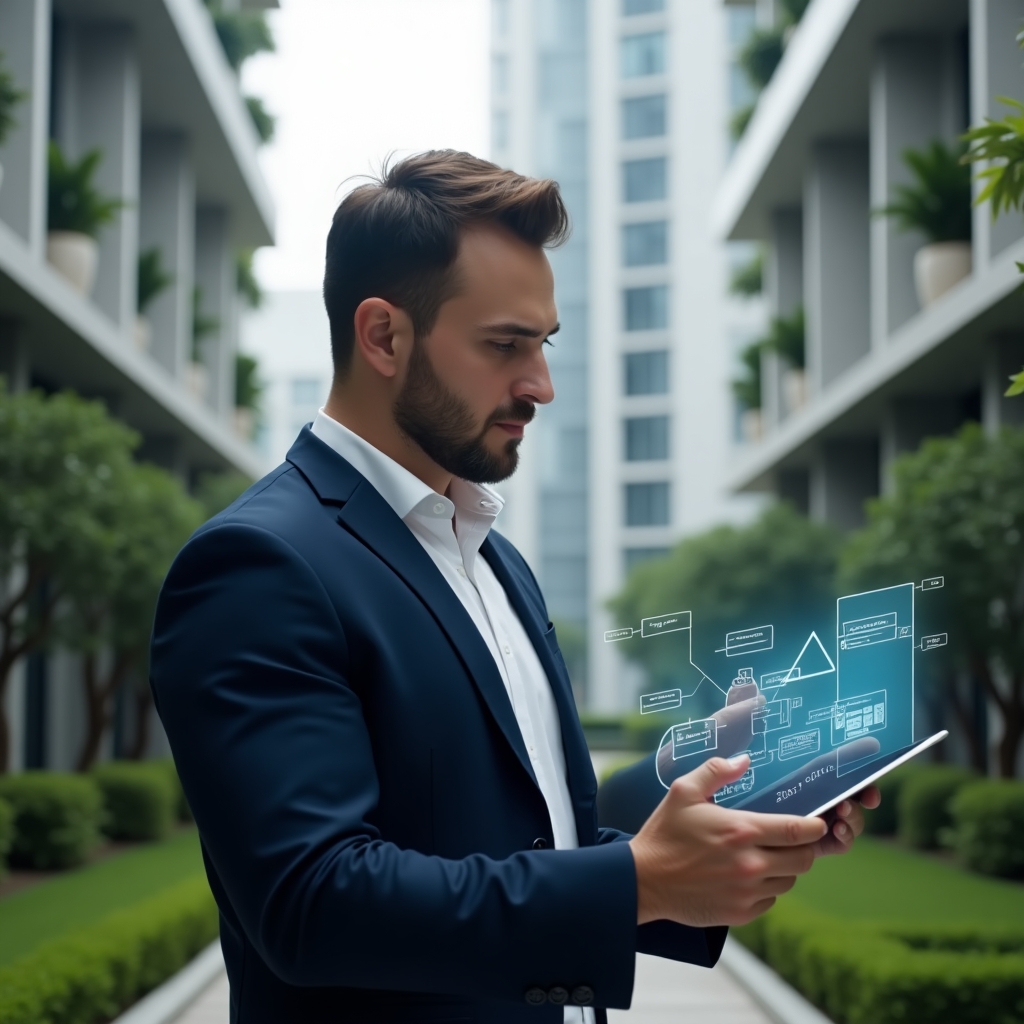 Ultra-realistic condominium manager in a navy suit, set in a modern luxury condominium environment with high-rise buildings and well-manicured green landscaping, confidently reviewing a holographic activity schedule on a digital tablet with floating timeline icons, cinematic lighting, shallow depth of field, highly detailed textures, realistic skin, photographic realism, 8k resolution --ar 1:1 --v 6