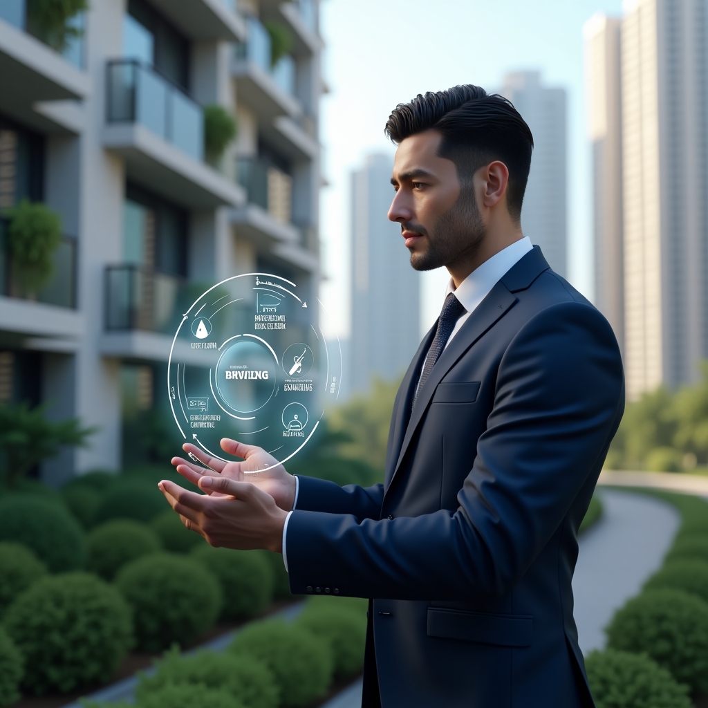 (Ultra-realistic condominium manager in a navy blue suit, set in a modern luxury condominium environment with high-rise buildings and meticulously landscaped greenery, confidently interacting with a floating holographic interface displaying digital icons for billing automation, virtual meetings, access control and analytics, cinematic lighting, shallow depth of field, highly detailed textures, realistic skin, photographic realism, 8k resolution --ar 1:1 --v 6)