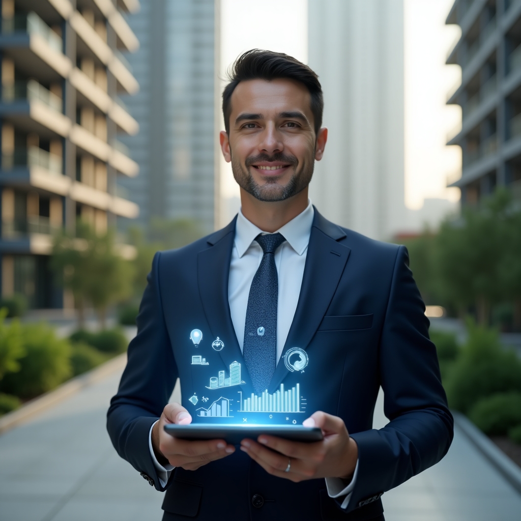 (Ultra-realistic professional property manager in a dark blue executive suit, set in a modern luxury condominium environment with high-rise buildings and manicured green gardens, standing in a medium shot while holding a digital tablet displaying hovering holographic charts and icons of community communication, confident expression, cinematic lighting, shallow depth of field, highly detailed textures, realistic skin, photographic realism, 8k resolution --ar 1:1 --v 6)