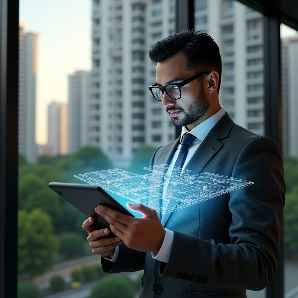 (Ultra-realistic condominium manager in a charcoal gray suit, set in a modern luxury condominium environment with high-rise buildings and lush green landscaping, examining a holographic fractional ideal blueprint projected from a tablet, displaying percentage allocations and architectural plans, cinematic lighting, shallow depth of field, highly detailed textures, realistic skin, photographic realism, 8k resolution --ar 1:1 --v 6)