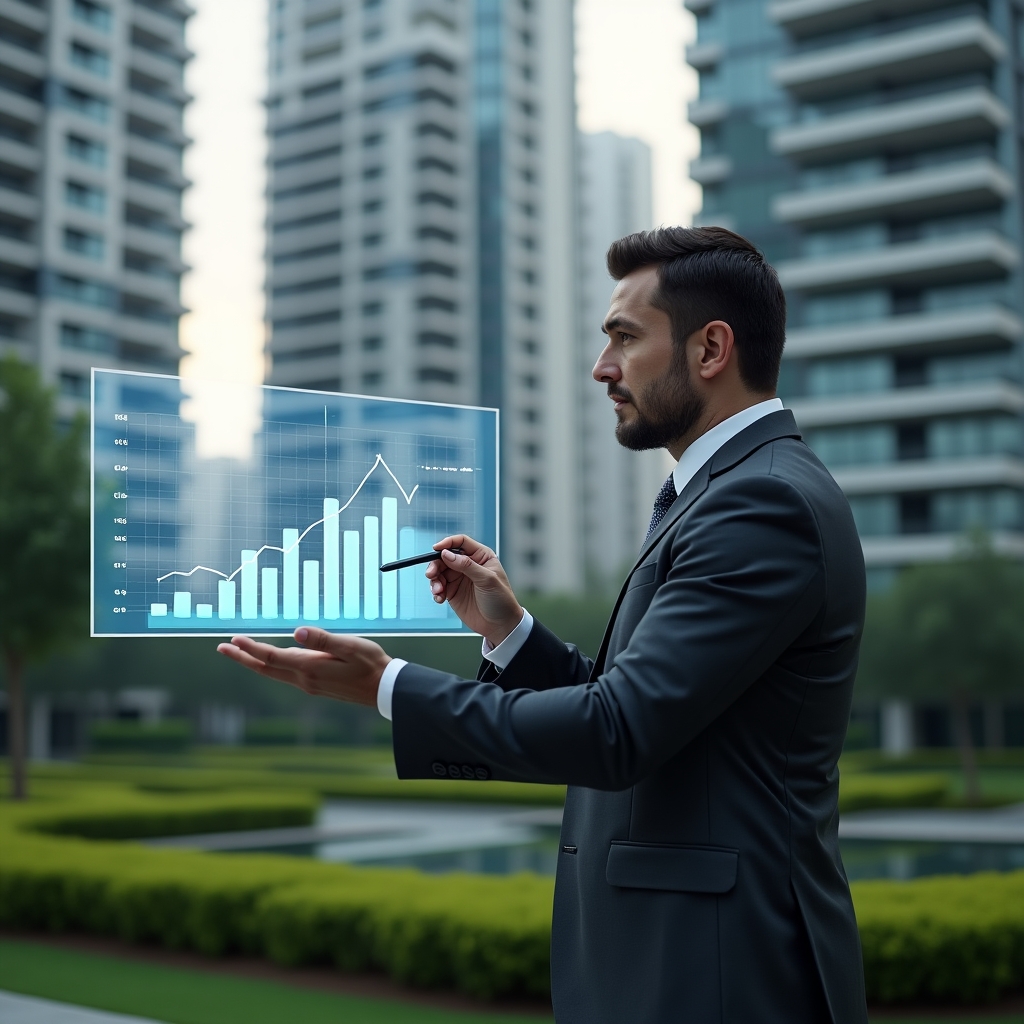 Ultra-realistic condominium manager in a dark gray executive suit, set in a modern luxury condominium environment with high-rise buildings and manicured green landscaping, analyzing a floating holographic financial chart showing spikes in expenses, pointing at a bar graph projection with a stylus, expression focused and determined, cinematic lighting, shallow depth of field, highly detailed textures, realistic skin, photographic realism, 8k resolution --ar 1:1 --v 6