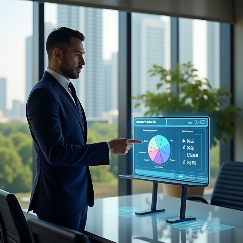 (Ultra-realistic condominium manager in a navy blue suit, set in a modern luxury condominium environment with high-rise buildings and green landscaping, standing at a sleek conference table pointing to a holographic budget chart displaying ordinary and extraordinary expenses, holographic pie chart with color-coded segments, confident and focused expression, cinematic lighting, shallow depth of field, highly detailed textures, realistic skin, photographic realism, 8k resolution --ar 1:1 --v 6)