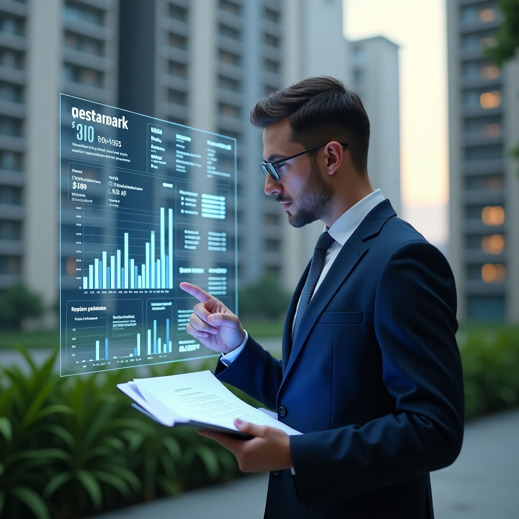 Ultra-realistic condominium manager in a navy suit, set in a modern luxury condominium environment with high-rise buildings and lush green landscaping, reviewing a holographic financial dashboard displaying detailed balance sheets and charts, examining digital documents with a confident, thoughtful expression, cinematic lighting, shallow depth of field, highly detailed textures, realistic skin, photographic realism, 8k resolution --ar 1:1 --v 6