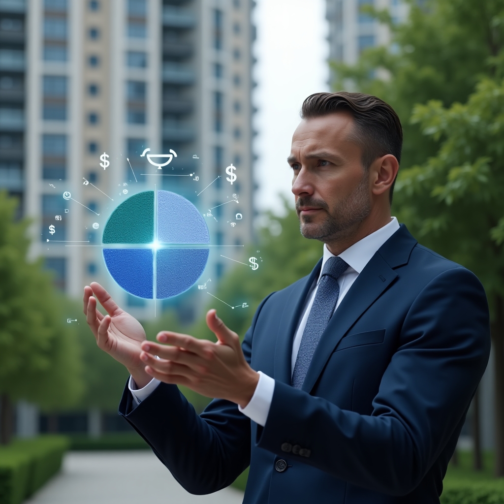 Ultra-realistic condominium manager in a navy suit, set in a modern luxury condominium environment with high-rise buildings and manicured green landscaping, examining a holographic pie chart contrasting ordinary and extraordinary expenses, floating balance scale icon and currency symbols around, confident and analytical expression, cinematic lighting, shallow depth of field, highly detailed textures, realistic skin, photographic realism, 8k resolution --ar 1:1 --v 6