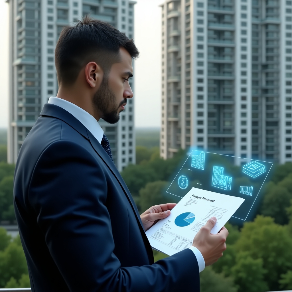 Ultra-realistic condominium manager in a navy blue business suit, set in a modern luxury condominium environment with high-rise buildings and lush green landscaping, mid-shot of a professional confidently reviewing a transparent holographic financial report with pie charts and bar graphs floating beside them, holographic ledger and document icons, cinematic lighting, shallow depth of field, highly detailed textures, realistic skin, photographic realism, 8k resolution --ar 1:1 --v 6