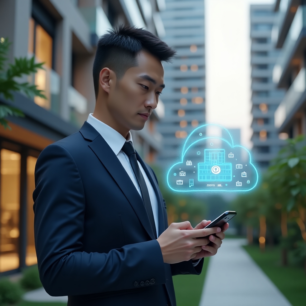 Ultra-realistic condominium manager in a sleek navy suit, set in a modern luxury condominium environment with high-rise buildings and lush green landscaping, holding a smartphone and interacting with a holographic cloud-based app interface displaying apartment icons, cost charts and security locks, confident expression, cinematic lighting, shallow depth of field, highly detailed textures, realistic skin, photographic realism, 8k resolution --ar 1:1 --v 6