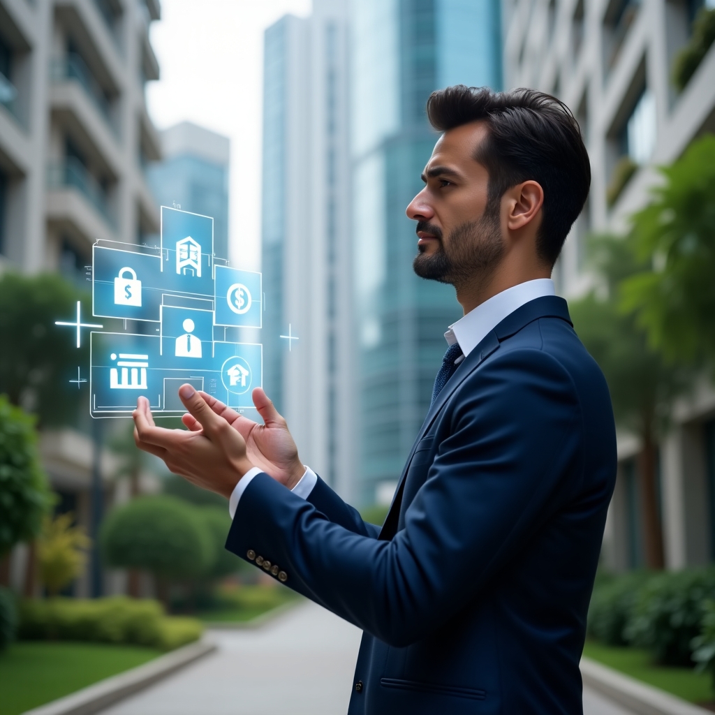 (Ultra-realistic condominium manager in a navy blue suit, set in a modern luxury condominium environment with high-rise buildings and manicured greenery, analyzing a floating holographic dashboard of an app for condo management, with digital icons for security, finance and scheduling, confident expression, cinematic lighting, shallow depth of field, highly detailed textures, realistic skin, photographic realism, 8k resolution --ar 1:1 --v 6)