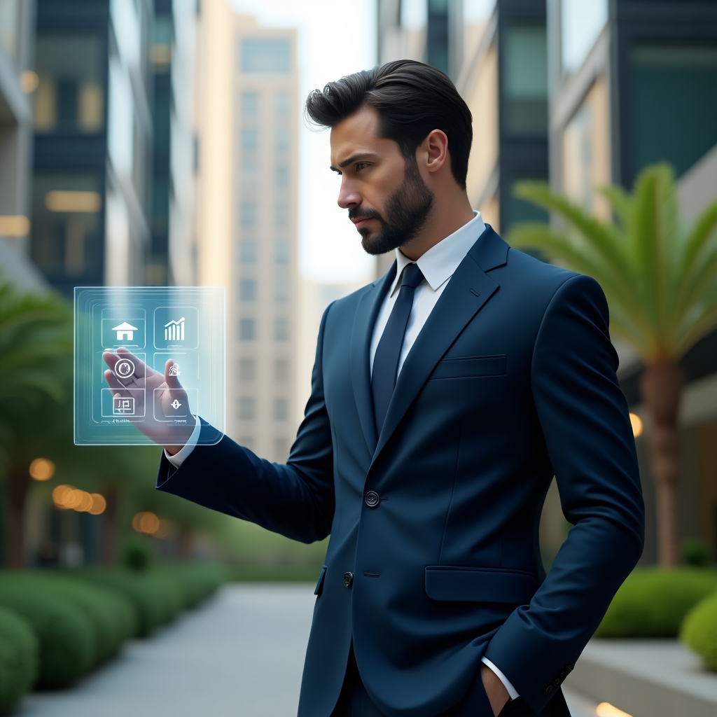 Ultra-realistic condominium manager in a navy suit, set in a modern luxury condominium environment with high-rise buildings and manicured green landscaping, standing and interacting with a holographic touchscreen displaying app icons for finance, reservations, and communications, confident and focused expression, cinematic lighting, shallow depth of field, highly detailed textures, realistic skin, photographic realism, 8k resolution --ar 1:1 --v 6