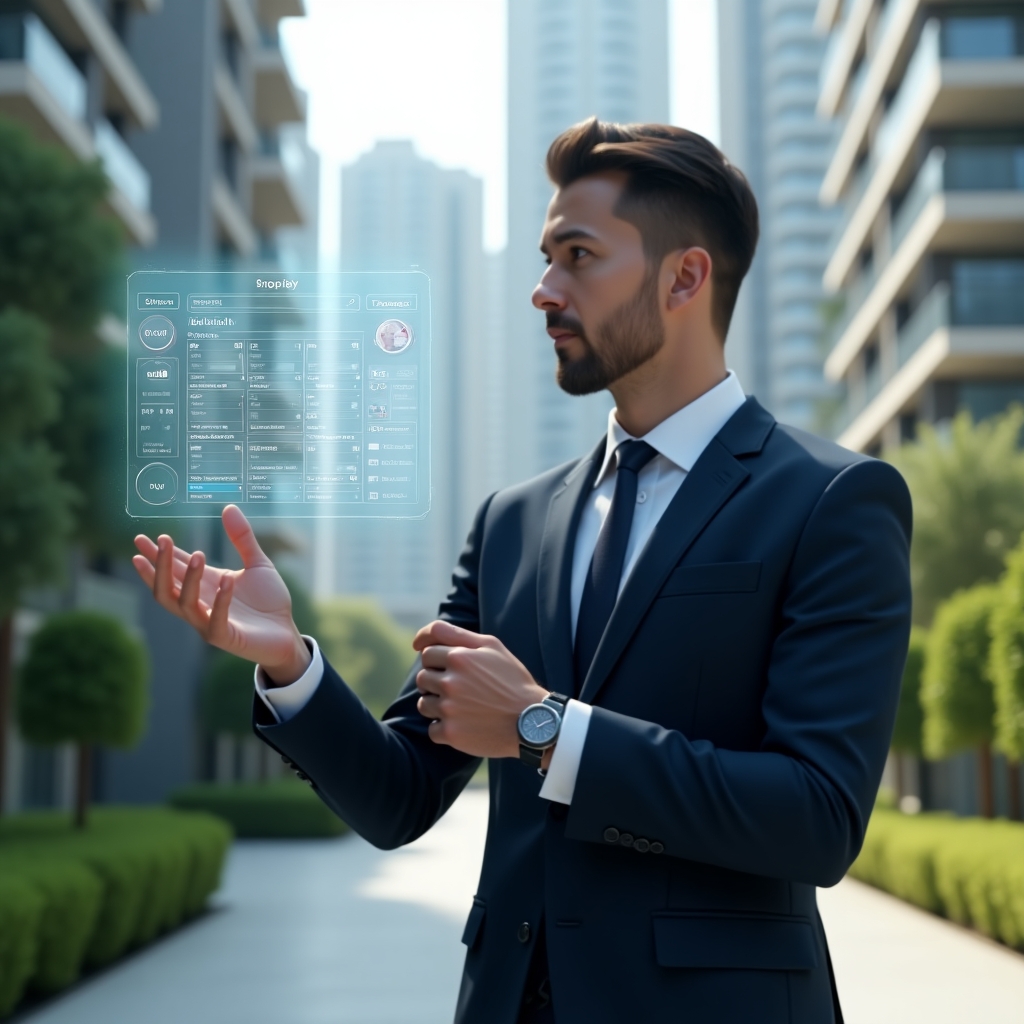 (Ultra-realistic condominium manager in a navy tailored suit, set in a modern luxury condominium environment with high-rise buildings and lush green landscaping, standing in a medium shot confidently interacting with a floating holographic calendar interface displaying scheduled tasks, translucent checklist icons and service icons orbiting around, cinematic lighting, shallow depth of field, highly detailed textures, realistic skin, photographic realism, 8k resolution --ar 1:1 --v 6)