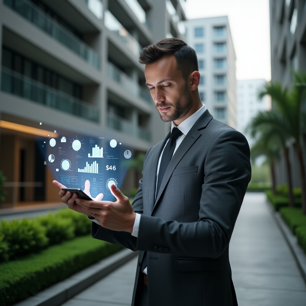 Ultra-realistic condominium manager in a charcoal gray suit, set in a modern luxury condominium environment with high-rise buildings and manicured green spaces, medium close-up of a confident, focused professional holding a transparent tablet displaying holographic financial reports and charts, subtle floating icons of bar graphs and pie charts around them, cinematic lighting, shallow depth of field, highly detailed textures, realistic skin, photographic realism, 8k resolution --ar 1:1 --v 6