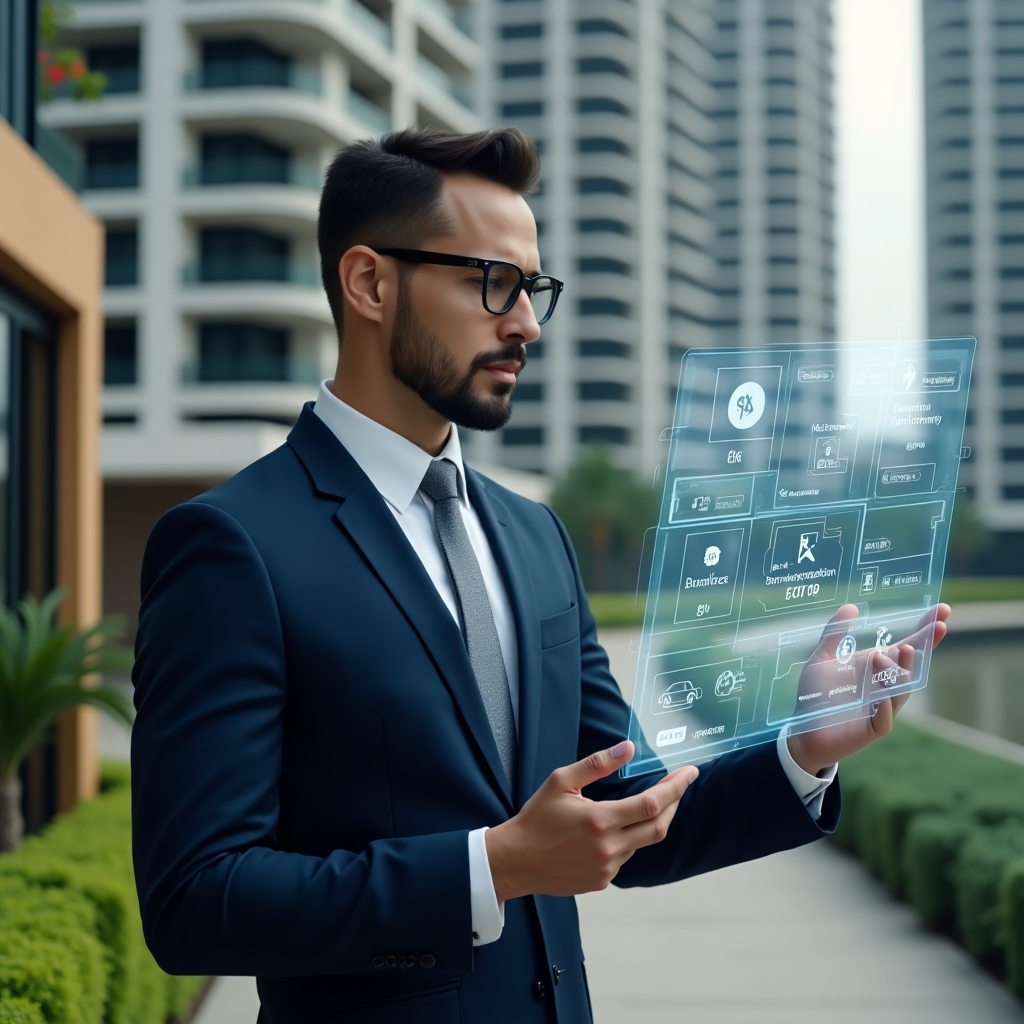 Ultra-realistic property manager in a navy executive suit, set in a modern luxury condominium environment with high-rise buildings and manicured green spaces, interacting with a holographic digital dashboard displaying floor plans and icons for finance and communication, confident and focused expression, cinematic lighting, shallow depth of field, highly detailed textures, realistic skin, photographic realism, 8k resolution --ar 1:1 --v 6