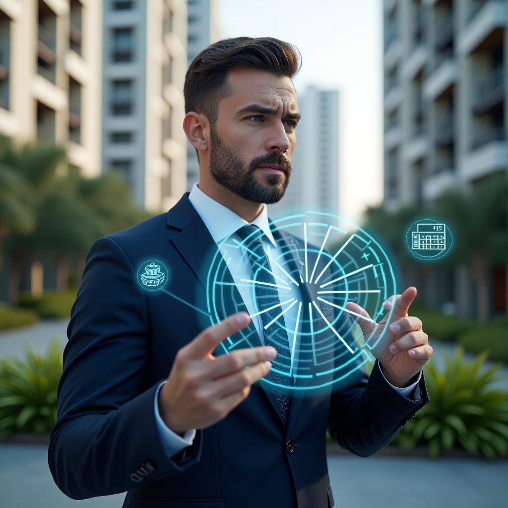 Ultra-realistic property manager in a navy blue suit, set in a modern luxury condominium environment with high-rise buildings and lush green landscaping, analyzing a holographic pie chart representing ideal fractions and expense allocations, contemplative expression, floating financial icons and calculator holograms, cinematic lighting, shallow depth of field, highly detailed textures, realistic skin, photographic realism, 8k resolution --ar 1:1 --v 6