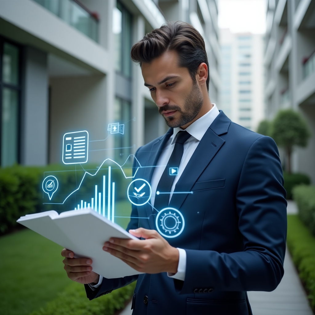 Ultra-realistic property manager in a tailored navy blue suit, set in a modern luxury condominium environment with high-rise buildings and manicured green landscaping, examining a holographic digital ledger with floating financial charts and automated report icons, confident and thoughtful expression, cinematic lighting, shallow depth of field, highly detailed textures, realistic skin, photographic realism, 8k resolution --ar 1:1 --v 6