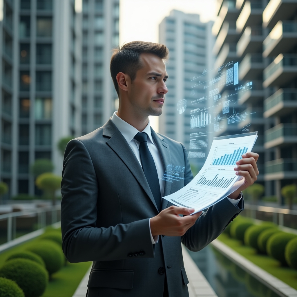 Ultra-realistic condominium manager in a charcoal gray executive suit, set in a modern luxury condominium environment with high-rise buildings and pristine green landscaping, holding and examining a floating holographic financial report with charts and graphs, confident and focused expression, cinematic lighting, shallow depth of field, highly detailed textures, realistic skin, photographic realism, 8k resolution --ar 1:1 --v 6