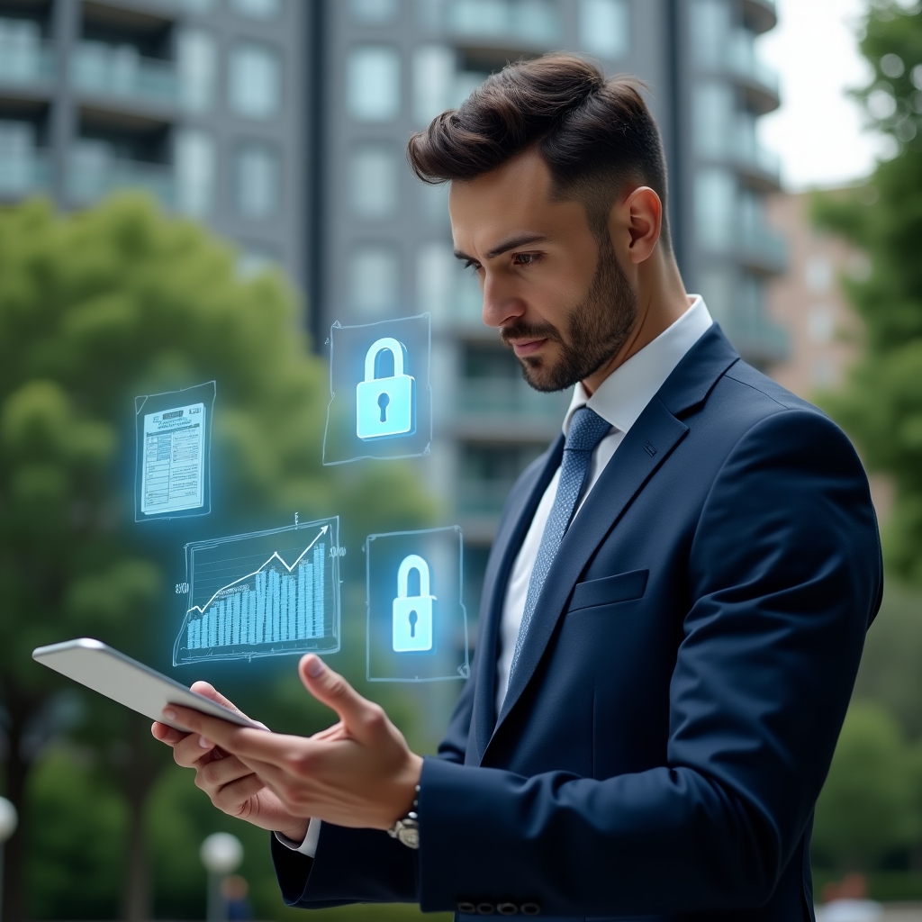Ultra-realistic condominium manager in a dark blue tailored suit, set in a modern luxury condominium environment with high-rise buildings and lush green landscaping, mid shot of him reviewing holographic financial reports on a transparent tablet with floating graphs and audit trails, confident and focused expression, futuristic digital holograms of ledgers and security lock icons hovering around, cinematic lighting, shallow depth of field, highly detailed textures, realistic skin, photographic realism, 8k resolution --ar 1:1 --v 6