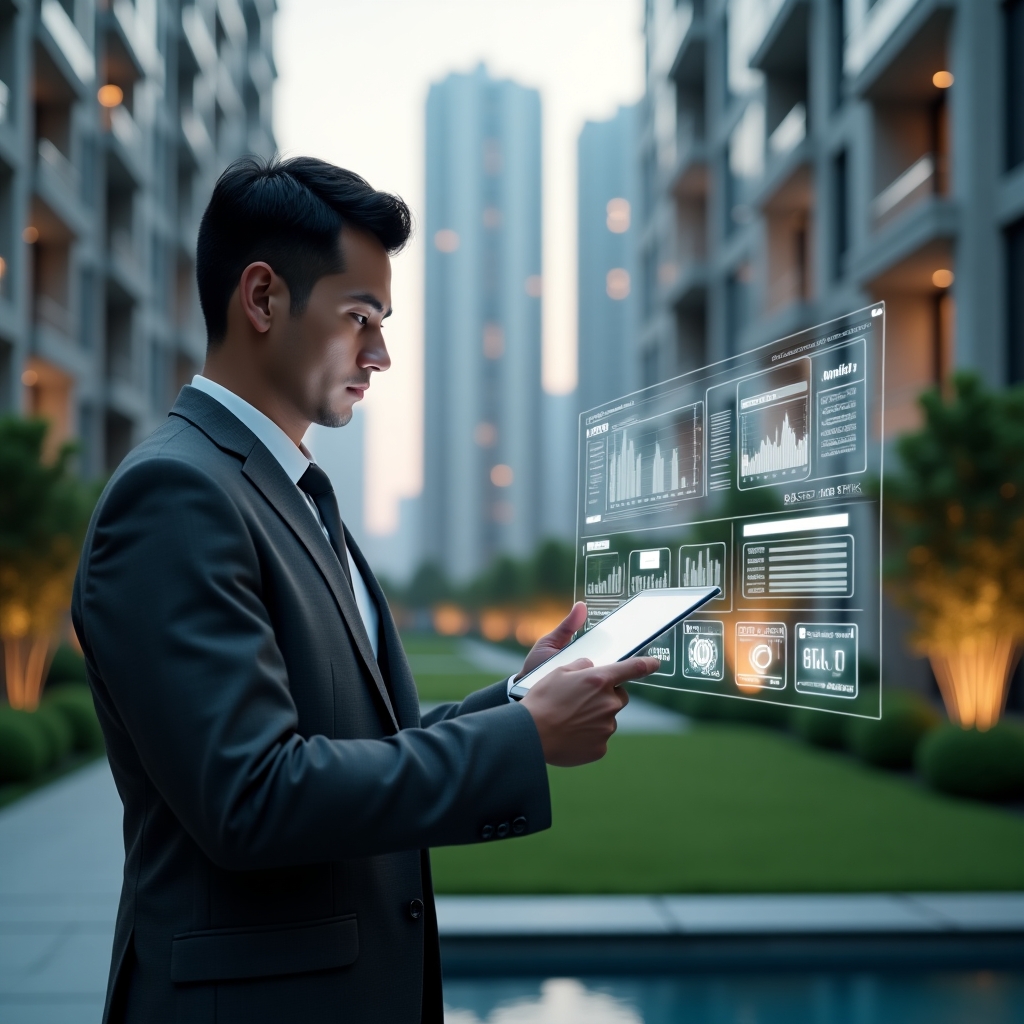 (Ultra-realistic condominium manager in a charcoal gray suit, set in a modern luxury condominium environment with high-rise buildings and manicured green landscaping, analyzing a holographic financial report interface with glowing charts and automatic report icons, cinematic lighting, shallow depth of field, highly detailed textures, realistic skin, photographic realism, 8k resolution --ar 1:1 --v 6)