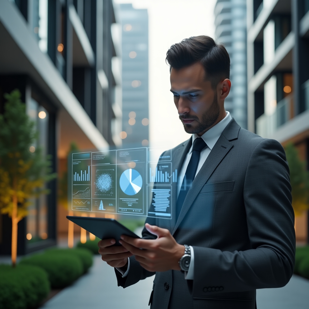 (Ultra-realistic condominium manager in a charcoal gray executive suit, set in a modern luxury condominium environment with high-rise buildings and manicured green landscaping, examining a holographic financial report projected from a tablet with a confident, focused expression, floating pie charts and bar graphs symbolizing transparent accounting, cinematic lighting, shallow depth of field, highly detailed textures, realistic skin, photographic realism, 8k resolution --ar 1:1 --v 6)