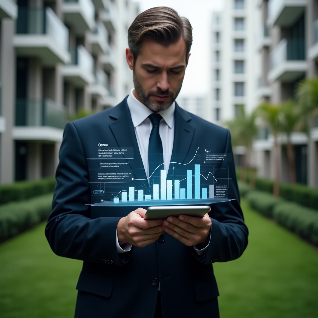 Ultra-realistic condominium manager in a dark tailored suit, set in a modern luxury condominium environment with high-rise buildings and manicured green landscaping, holding a tablet displaying holographic financial charts, confidently analyzing automated accounting data with a futuristic transparent interface hovering above the device, cinematic lighting, shallow depth of field, highly detailed textures, realistic skin, photographic realism, 8k resolution --ar 1:1 --v 6