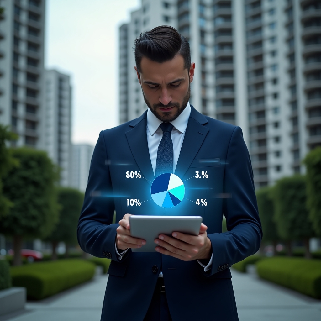 Ultra-realistic condominium manager in a navy blue suit, set in a modern luxury condominium environment with high-rise buildings and manicured green landscaping, mid-shot of a professional reviewing a holographic pie chart of unit fractions hovering above a digital tablet, thoughtful expression, symbolic fractional percentage icons floating around, cinematic lighting, shallow depth of field, highly detailed textures, realistic skin, photographic realism, 8k resolution --ar 1:1 --v 6