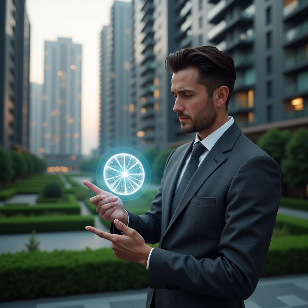 (Ultra-realistic condominium manager in a charcoal gray tailored suit, set in a modern luxury condominium environment with high-rise buildings and manicured green landscaping, holding and analyzing a glowing holographic pie chart representing fraction ideal calculations, thoughtful and confident expression, cinematic lighting, shallow depth of field, highly detailed textures, realistic skin, photographic realism, 8k resolution --ar 1:1 --v 6)