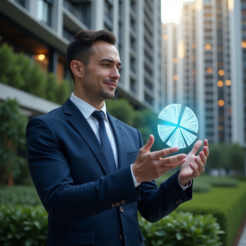 Ultra-realistic condominium manager in a navy blue tailored suit, set in a modern luxury condominium environment with high-rise buildings and lush green landscaping, analyzing a floating holographic pie chart showing fraction ideal distribution, thoughtful expression, cinematic lighting, shallow depth of field, highly detailed textures, realistic skin, photographic realism, 8k resolution --ar 1:1 --v 6